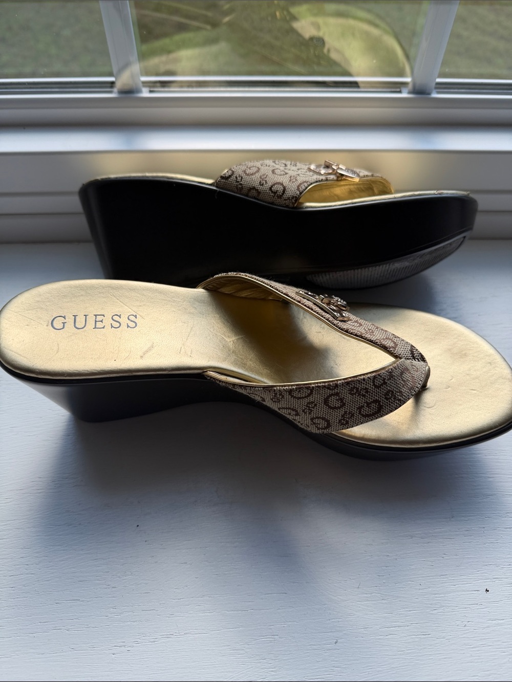 GUESS Gold Footbed Brown Logo Wedge Sandals